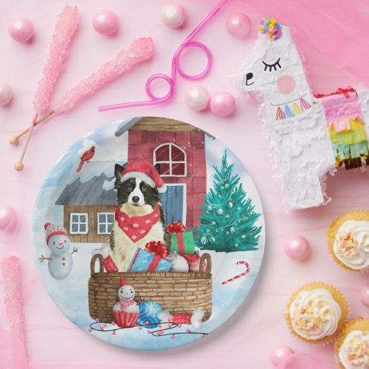 Border Collie Dog in sneeuwkerstmis Papieren Bordje (Feest)