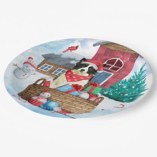 Border Collie Dog in sneeuwkerstmis Papieren Bordje (Gekanteld)