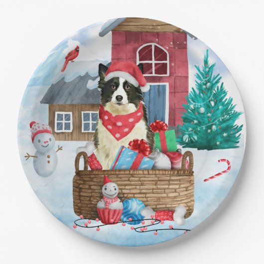 Border Collie Dog in sneeuwkerstmis Papieren Bordje (Voorkant)