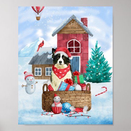 Border Collie Dog in sneeuwkerstmis Poster (Voorkant)