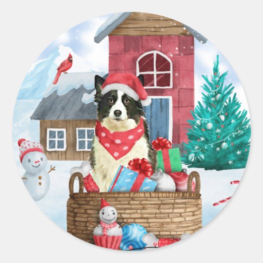 Border Collie Dog in sneeuwkerstmis Ronde Sticker (Voorkant)