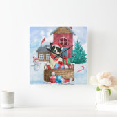 Border Collie Dog in sneeuwkerstmis Vierkante Klok (Huis)