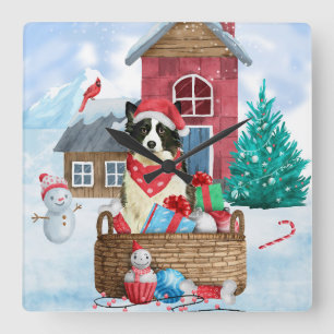 Border Collie Dog in sneeuwkerstmis Vierkante Klok