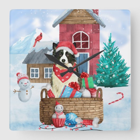 Border Collie Dog in sneeuwkerstmis Vierkante Klok (Voorkant)