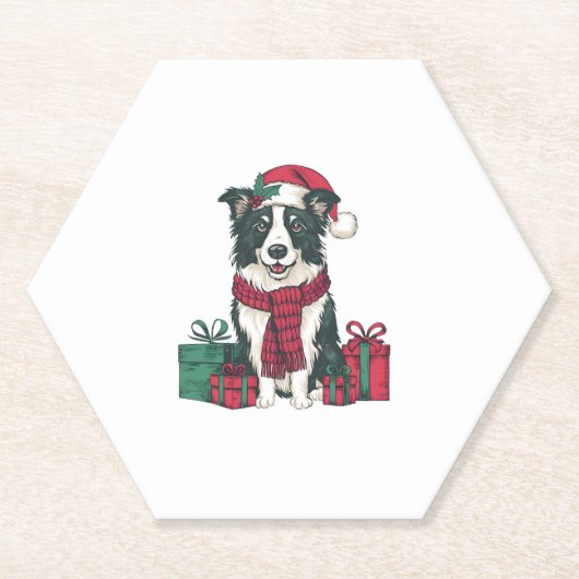 Border Collie Dog Kerstfeesten Vakantie Kerstman Kartonnen Onderzetters (Voorkant)