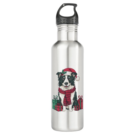 Border Collie Dog Kerstfeesten Vakantie Kerstman Waterfles (Voorkant)