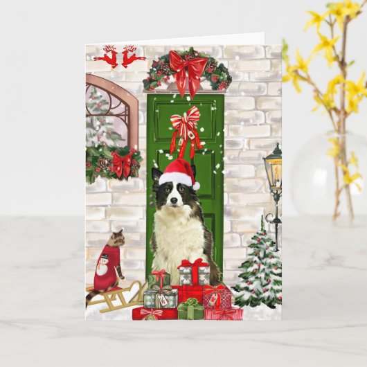 Border Collie Dog Kerstmis Kaart (Gele Bloem)