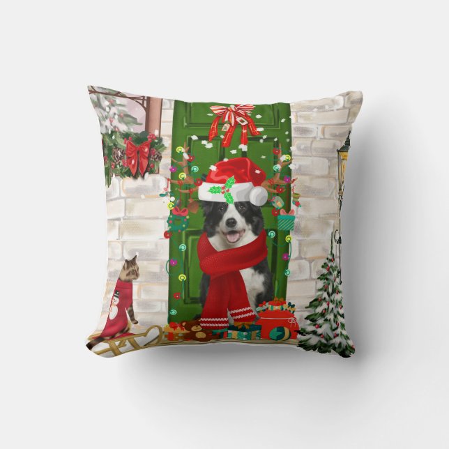 Border Collie Dog Kerstmis Kussen (Voorkant)