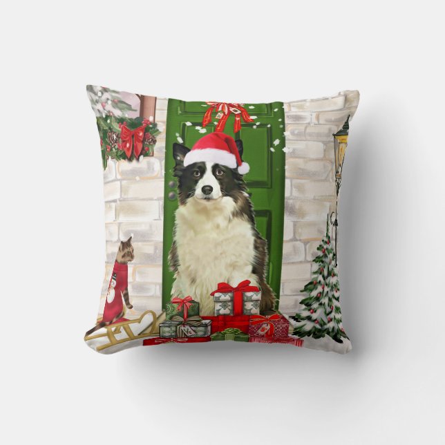 Border Collie Dog Kerstmis Kussen (Voorkant)