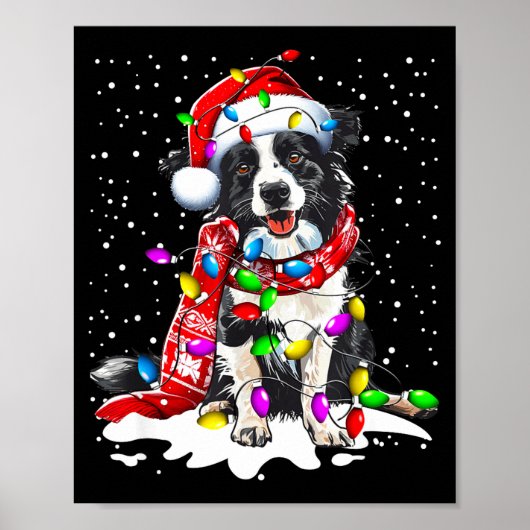 Border Collie Dog Lighting Xmas Santa Hat Christma Poster (Voorkant)