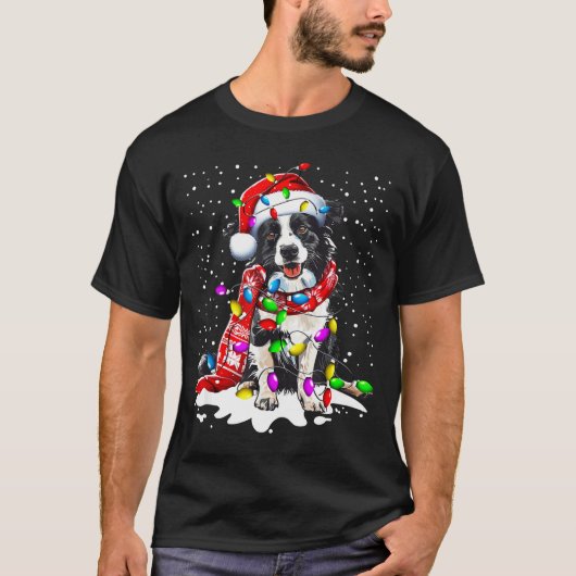 Border Collie Dog Lighting Xmas Santa Hat Christma T-shirt (Voorkant)