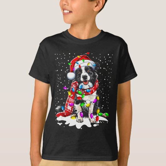 Border Collie Dog Lighting Xmas Santa Hat Christma T-shirt (Voorkant)