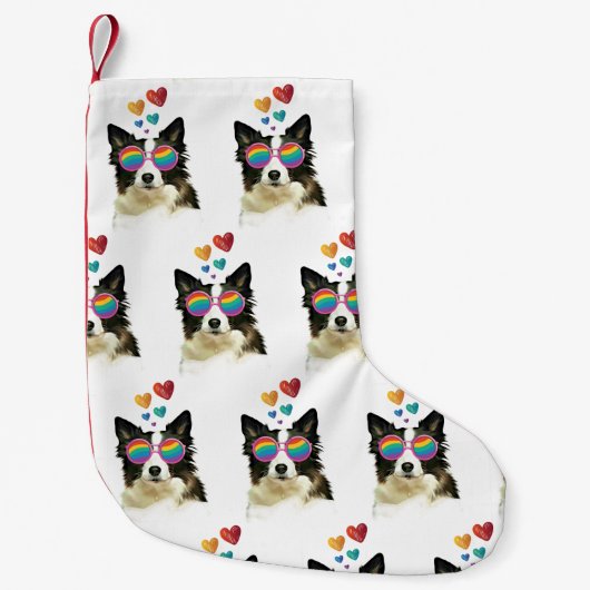 Border Collie Dog met Hearts Valentijnsdag Kleine Kerstsok (Voorkant)