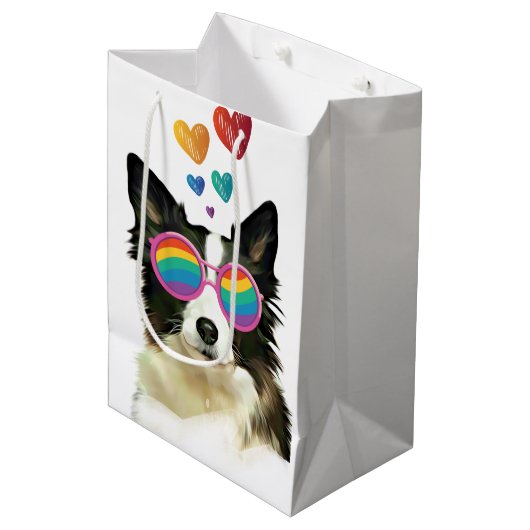 Border Collie Dog met Hearts Valentijnsdag Medium Cadeauzakje (Voorkant Gekanteld)