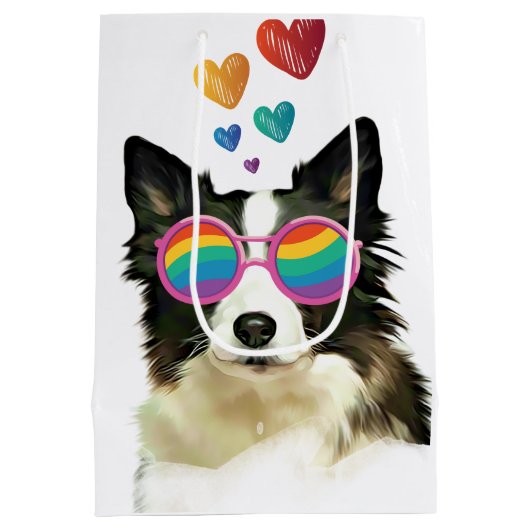 Border Collie Dog met Hearts Valentijnsdag Medium Cadeauzakje (Achterkant)
