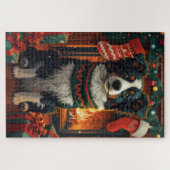 Border Collie Dog met kerstcadeaus open haard Legpuzzel (Horizontaal)