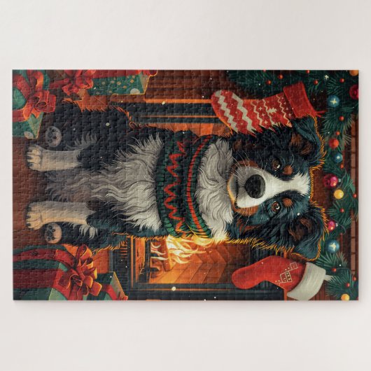 Border Collie Dog met kerstcadeaus open haard Legpuzzel (Horizontaal)