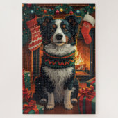 Border Collie Dog met kerstcadeaus open haard Legpuzzel (Verticaal)