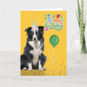 Border Collie Dog Party Hat Yellow Birthday Kaart (Voorkant)