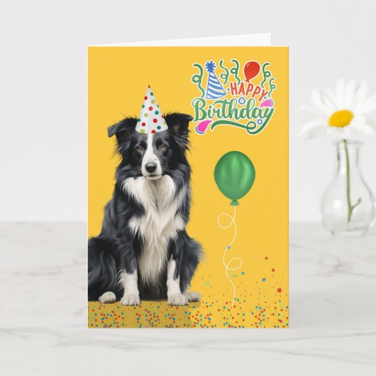 Border Collie Dog Party Hat Yellow Birthday Kaart (Kleine Plant)