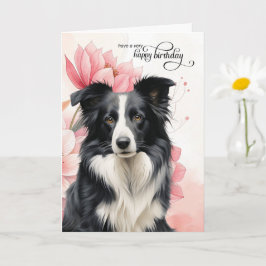 Border Collie Dog Pink Botanical Flowers Birthday Kaart