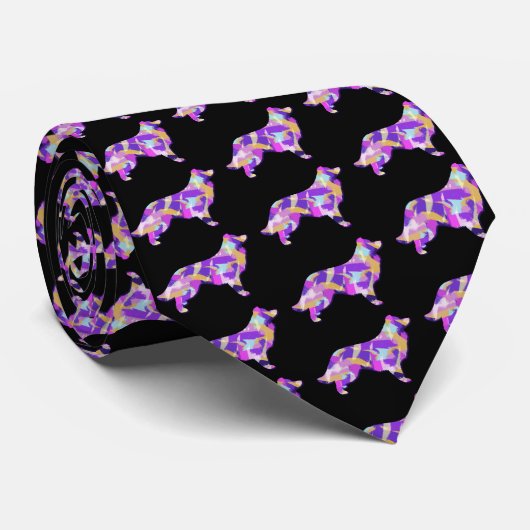 Border Collie Dog Silhouet Paarse zwarte hals Stropdas (Opgerold)