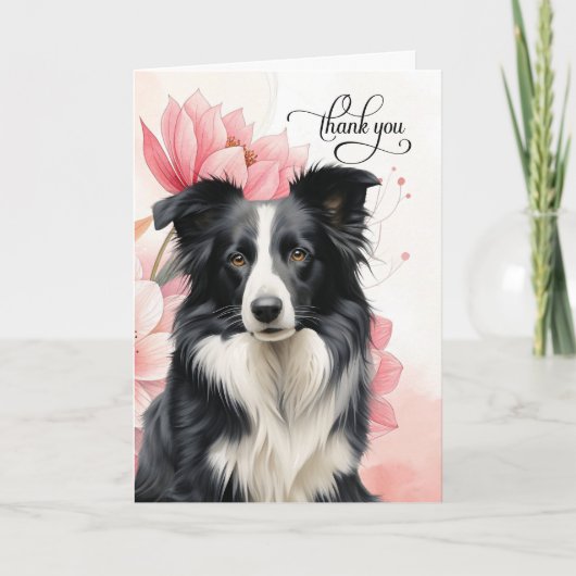 Border Collie Dog Soft Pink Botanical Blooms Bedankkaart (Voorkant)