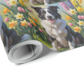 Border Collie Dog Spring Bloemen Schilderen Cadeaupapier (Rol Hoek)