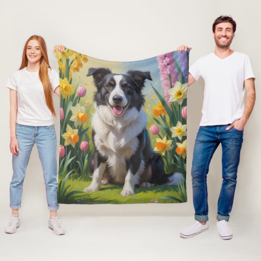 Border Collie Dog Spring Bloemen Schilderen Fleece Deken (In situ)