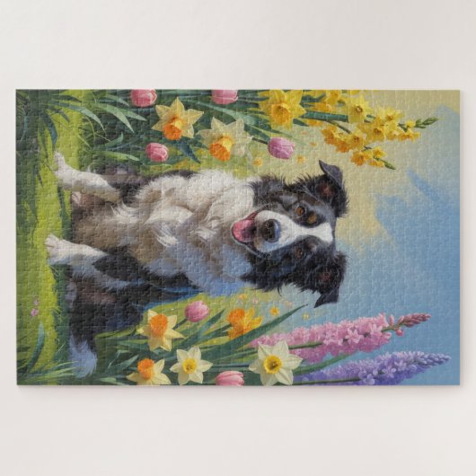 Border Collie Dog Spring Bloemen Schilderen Legpuzzel (Horizontaal)