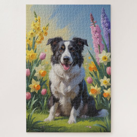 Border Collie Dog Spring Bloemen Schilderen Legpuzzel (Verticaal)