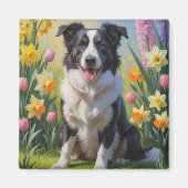 Border Collie Dog Spring Bloemen Schilderen Magneet (Voorkant)