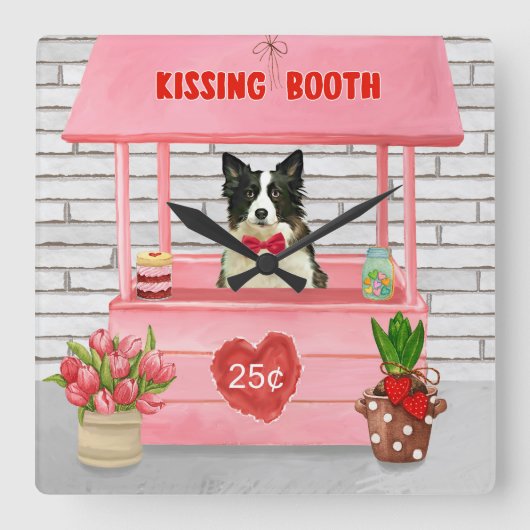 Border Collie Dog Valentijnsdag Kissing Booth Vierkante Klok (Voorkant)