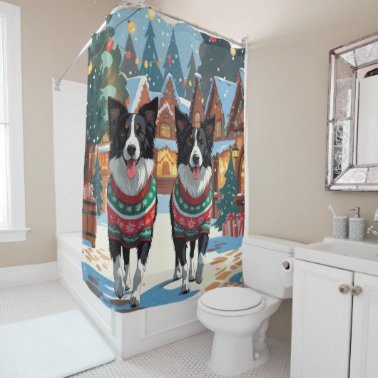 Border Collie Dogs Christmas Snow Holiday Douchegordijn (In situ)