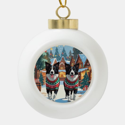 Border Collie Dogs Christmas Snow Holiday Keramische Bal Ornament (Voorkant)