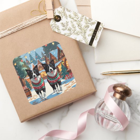 Border Collie Dogs Christmas Snow Holiday Vierkante Sticker (Geschenken)