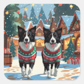 Border Collie Dogs Christmas Snow Holiday Vierkante Sticker (Voorkant)