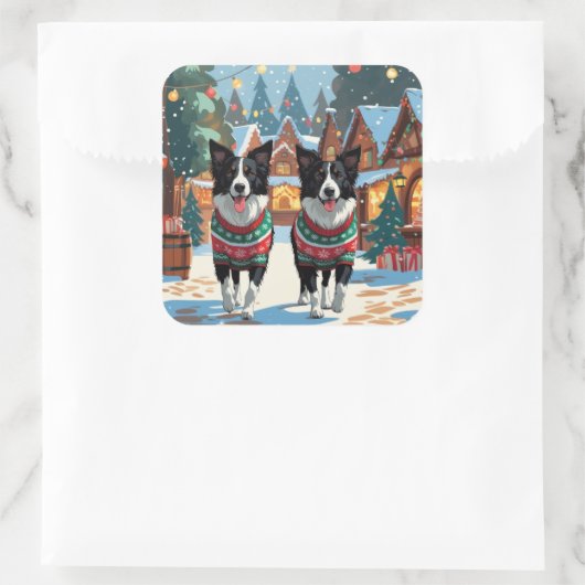 Border Collie Dogs Christmas Snow Holiday Vierkante Sticker (Tas)