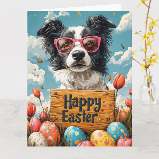 Border Collie Easter Eggs Kaart (Gele Bloem)