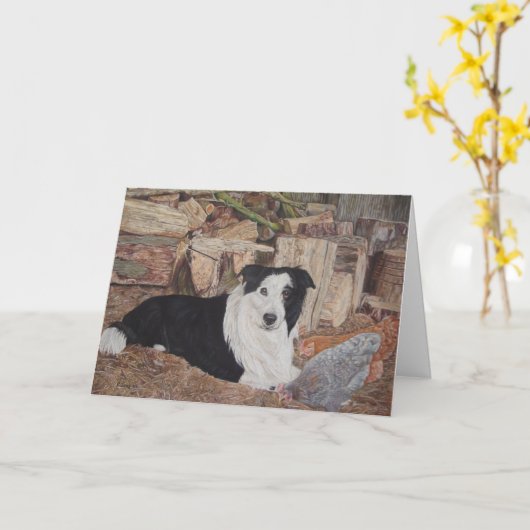 border collie en kippen in log schuur realistische kaart (Gele Bloem)
