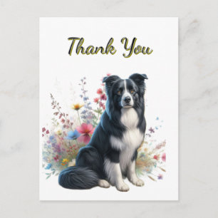 Border Collie en Wilde Bloemen Dankjewel Ansichtka Briefkaart