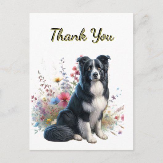 Border Collie en Wilde Bloemen Dankjewel Ansichtka Briefkaart (Voorkant)