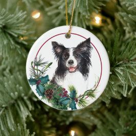 Border Collie Evergreen Berry Wreath Keramisch Ornament