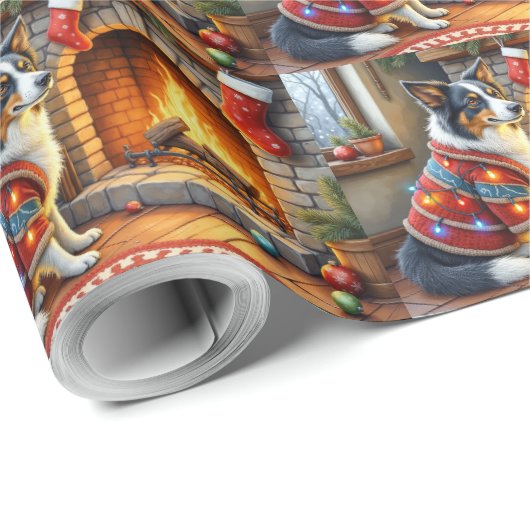 Border Collie Fireplace with Christmas Lights Cadeaupapier (Rol Hoek)