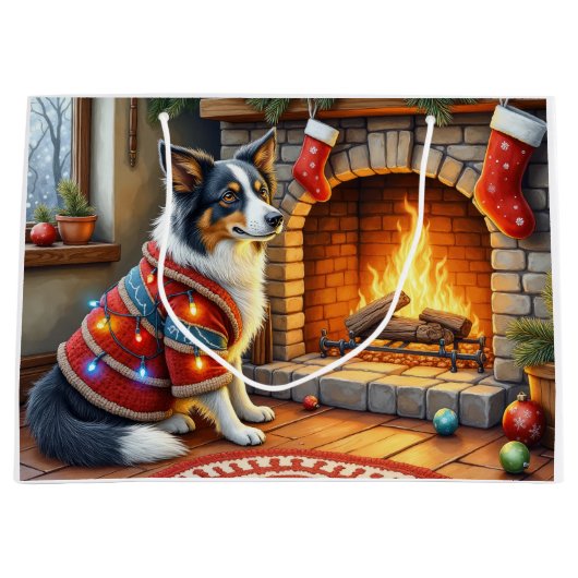 Border Collie Fireplace with Christmas Lights Groot Cadeauzakje (Voorkant)