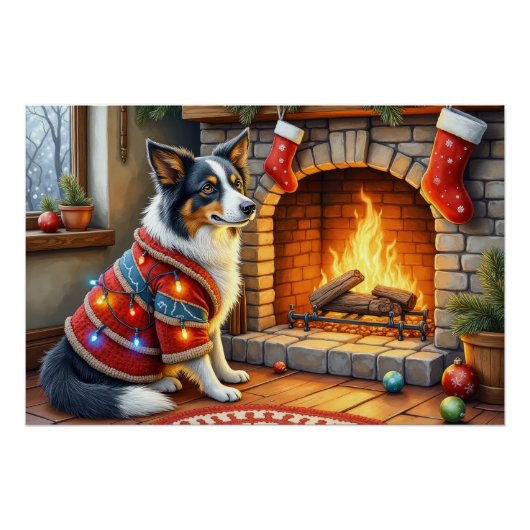 Border Collie Fireplace with Christmas Lights Perfect Poster (Voorkant)