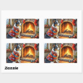 Border Collie Fireplace with Christmas Lights Rechthoekige Sticker (Vel)