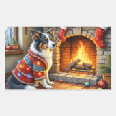 Border Collie Fireplace with Christmas Lights Rechthoekige Sticker (Voorkant)