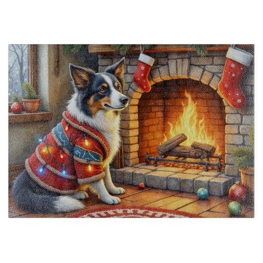 Border Collie Fireplace with Christmas Lights Snijplank (Voorkant)
