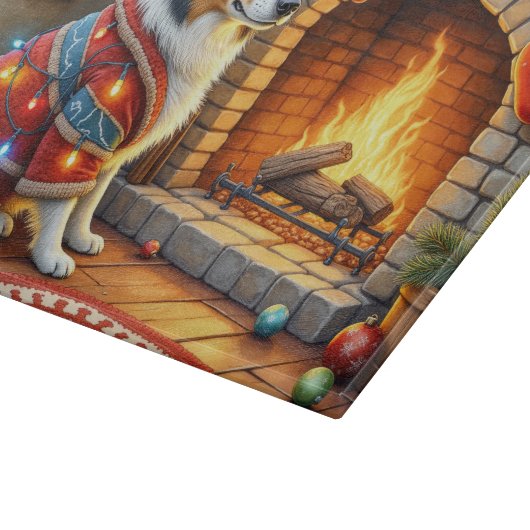 Border Collie Fireplace with Christmas Lights Snijplank (Hoek)